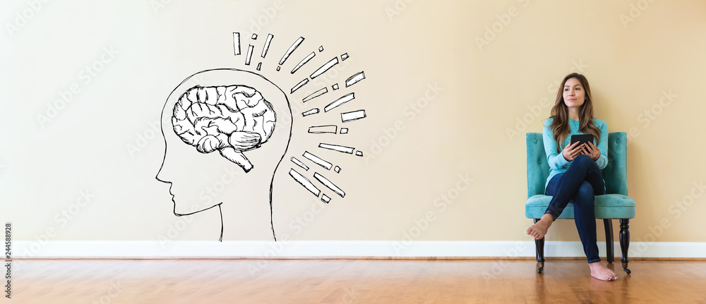 Brain illustration with young woman holding a tablet computer - obrazy, fototapety, plakaty 