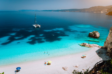 Amazing Fteri beach on Kefalonia island, Greece. Crystal clear blue sea of Ionian Sea