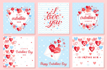 Collection of creative Valentines Day cards.Hand drawn lettering with hearts,arrows,flowers and love letter.Romantic illustrations perfect for prints,flyers,posters,holiday invitations and more.