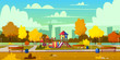 Vector background of cartoon playground in park at fall. Autumn landscape with yellow trees, plants and bushes. Recreation area with trackway for people. Amusement space with swings, benches and pond.
