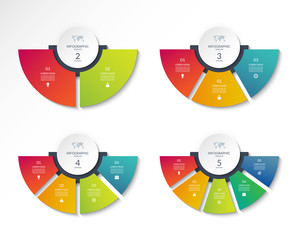 set of business infographic semi circle templates with 2, 3, 4, 5 options. can be used as a chart, w