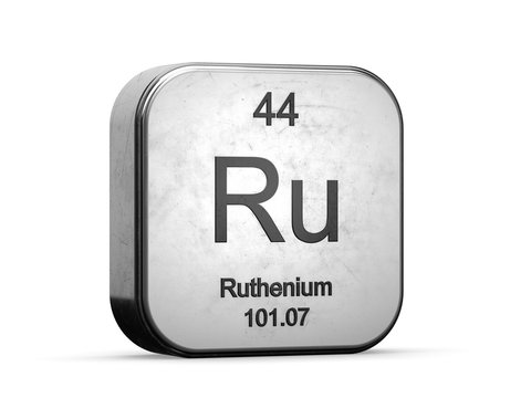 Ruthenium element from the periodic table series. Metallic icon set 3D rendered on white background
