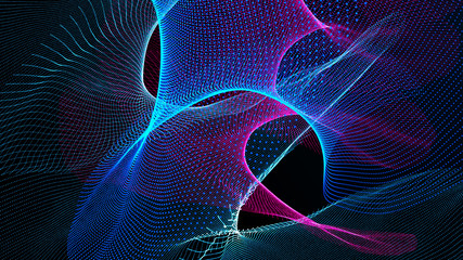 Poster - Clash of musical waves. Interweaving of atomic particles in space. Network connection structure. Large data background .3d rendering.