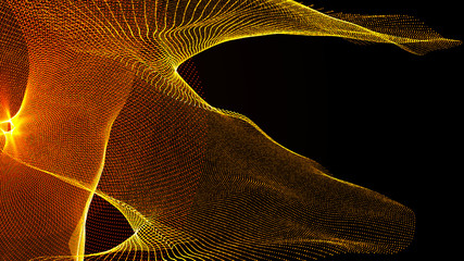 Poster - Clash of musical waves. Interweaving of atomic particles in space. Network connection structure. Large data background .3d rendering.