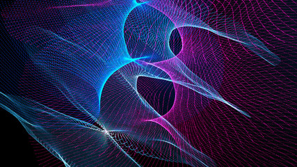 Poster - Clash of musical waves. Interweaving of atomic particles in space. Network connection structure. Large data background .3d rendering.