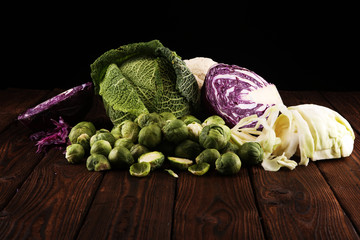 organic cabbage heads. Antioxidant balanced diet eating with red cabbage, white cabbage and savoy. cauliflower