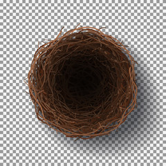 Wicker nest isolated on transparent background. Realistic top view on empty bird nest. Vector illustration.