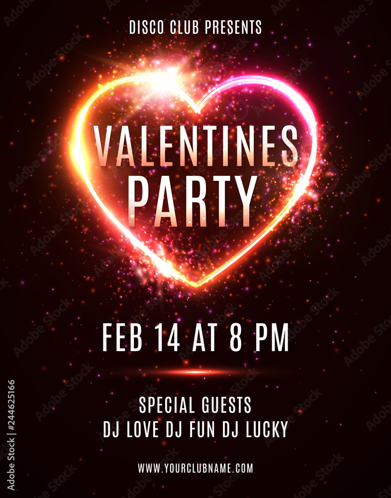 Vetor Valentines Day Party flyer or poster design template on dark red ...