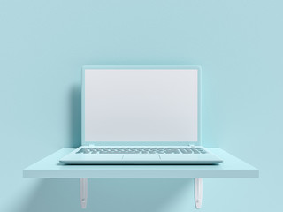 Wall Mural - Minimal idea concept. Laptop  mock-up on shelf wooden blue