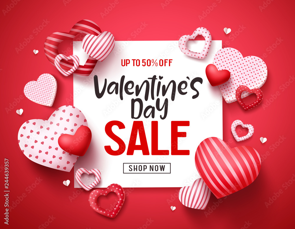 Valentines sale vector banner template. Valentines day store discount promotion with white space for text and hearts elements in red background. Vector illustration. - obrazy, fototapety, plakaty 