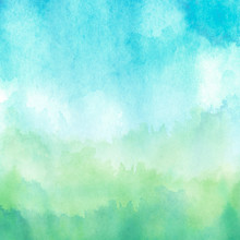 Watercolor Blue, Green Background, Blot, Blob, Splash Of Blue, Green Paint. Watercolor Blue, Green Sky, Spot, Abstraction. Wild Grass, Bushes, Country Abstract Landscape. Watercolor Card, Banner.