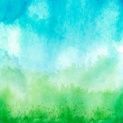 Sticker - Watercolor blue, green background, blot, blob, splash of blue, green paint. Watercolor blue, green sky, spot, abstraction. Wild grass, bushes, country abstract landscape. Watercolor card, banner.
