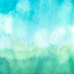 Canvas Print - Watercolor blue, green background, blot, blob, splash of blue, green paint. Watercolor blue, green sky, spot, abstraction. Wild grass, bushes, country abstract landscape. Watercolor card, banner.