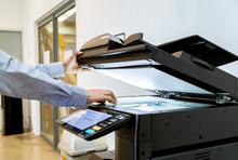 Business Man Hand Press Button On Panel Of Printer, Printer Scanner Laser Office Copy Machine Supplies Start