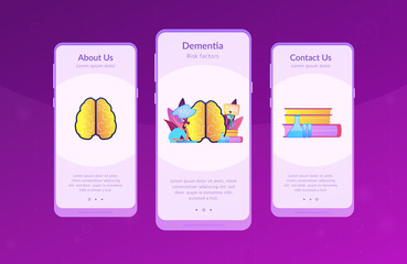 Patient with thought bubble and doctor examining brain. Alzheimer disease and dementia, dotage and memory loss concept on white background. Mobile UI UX GUI template, app interface wireframe