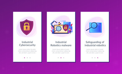 Poster - developers, robot work at laptop with magnifier. industrial cybersecurity, industrial robotics malwa