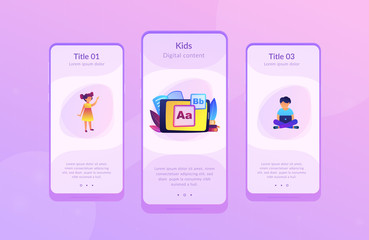 Poster - children at tablet and with laptop using kids friendly alphabet application. kids digital content, k