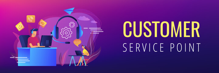 Poster - contact center agents with headsets working at computers. contact center, customer service point, cu
