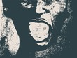Face half turn view. Elegant silhouette of a female head. Angry woman with open mouth. Grunge distress texture.