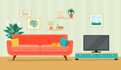 Wall Mural - Furniture: sofa, bookcase, tv, picture. Living room interior.Flat style vector illustration