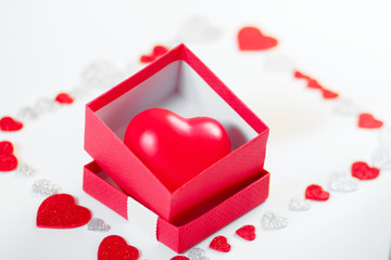 Valentine Gift Box with red hearts on white background. Valentines and 8 March Mother Women ′s Day concept.  Love you. Just for you