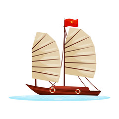 Wall Mural - wooden junk boat with sails and flag of vietnam. travel to asia. marine vehicle. old sailing ship. f