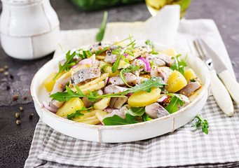 Traditional  salad of salted herring fillet, fresh apples,  red onion  and potatoes. Kosher food. Scandinavian cuisine.