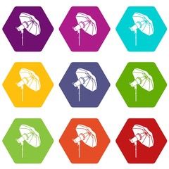 Poster - Studio flash with umbrella icons 9 set coloful isolated on white for web