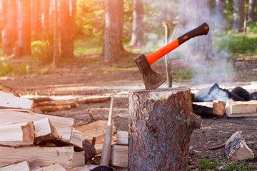 Old axe in log on a firewood background in the forest