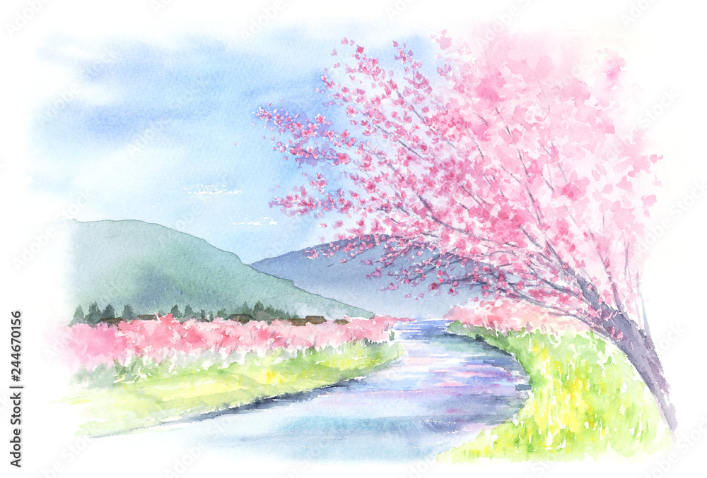 山と川と桜の木がある景色 水彩画 Stock Illustration | Adobe Stock