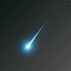 Comet shooting effect and glowing asteroids, stars at night sky. Blue falling meteorites isolated on black transparent background. Vector cosmos starlight trail for your design.