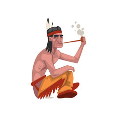 Wall Mural - Native American Indian man smoking pipe, tribe member in traditional ethnic clothes and headband with feather vector Illustration