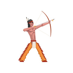 Poster - Native American Indian man shooting a bow, tribe member in traditional ethnic clothes and headband with feather vector Illustration