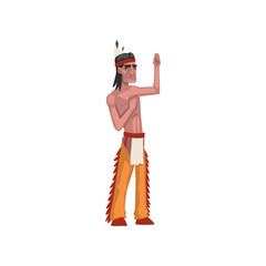 Wall Mural - Native American Indian man showing hand sign, tribe member in traditional ethnic clothes and headband with feather vector Illustration