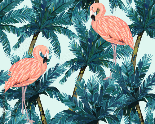 Exotic summer print. Seamless pattern with palm tree and flamingo. Watercolor...