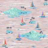 Fototapeta Konie - Beautiful seamless island pattern. Summer trends bright seamless colorful island pattern on light pink background. Landscape with palm trees, beach, sailing ship and ocean brush hand drawn style.
