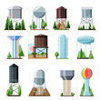Water tower vector tank storage watery resource reservoir and industrial high metal structure container water-tower illustration set of towered construction isolated on white background