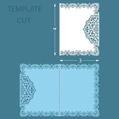 Template greeting congratulatory card with a decorative border on the edge. Wedding invitation laser cut. Cut out of paper card with lace edge with an aspect ratio of 3 and 4. Vector.