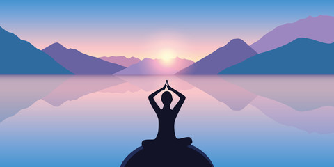 Wall Mural - person in meditation pose on a calm sea with a beautiful mountain view at sunrise vector illustration EPS10
