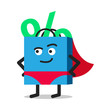 © Artmospherium - Shopping bag package character sale discount percent off shop store promotion cartoon illustration face emoji clipart mascot superhero cape parody vector EPS 10