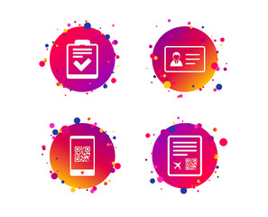 Poster - QR scan code in smartphone icon. Boarding pass flight sign. ID card badge symbol. Check or tick sign. Gradient circle buttons with icons. Random dots design. Vector