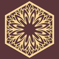 Sticker - Laser cutting panel. Golden floral pattern. Gift or favor box silhouette ornament. Vector hexagonal coaster design for metal, wood, paper work.