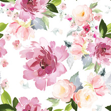 Vector Seamless Pattern With Flower And Plants In Watercolor Style.
