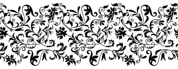 Seamless black and white vintage floral border