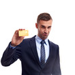 © Elena Kharichkina - Confident young business man standing isolated over white background, showing credit card