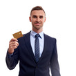 © Elena Kharichkina - Confident young business man standing isolated over white background, showing credit card