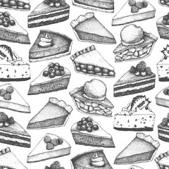 Wall Mural - Vectorbackground with ink hand drawn fruit and berry baking illustration. Vintage design with traditional cake, tart and pie sketch. Sweet bakery menu. Seamless pattern