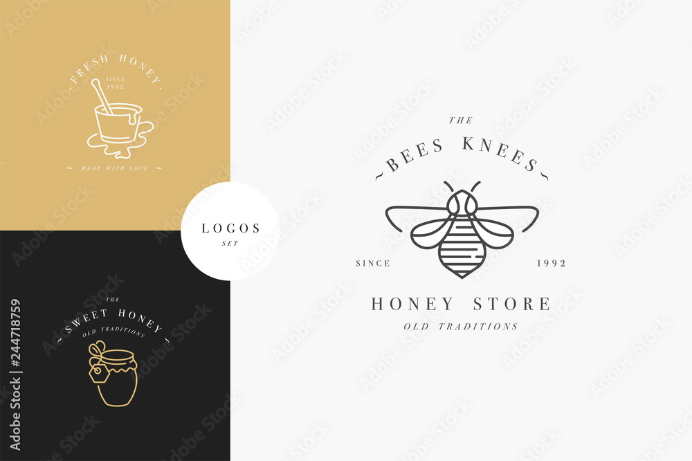 Vector set illustartion logos and design templates or badges. Organic and eco honey labels and tags with bees. Linear style and golden color. - obrazy, fototapety, plakaty 