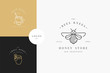 Vector set illustartion logos and design templates or badges. Organic and eco honey labels and tags with bees. Linear style and golden color.
