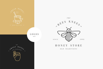 Wall Mural - Vector set illustartion logos and design templates or badges. Organic and eco honey labels and tags with bees. Linear style and golden color.